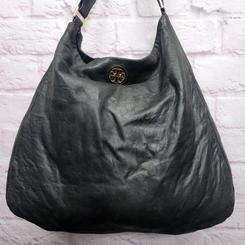 Tory Burch Dena Black Soft Leather‎ Hobo Shoulder Handbag Distressed Purse - Picture 2 of 10